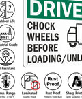Chock Wheels Before Loading And Unloading Sign For Drivers, 10 By 14 Inch Aluminum, heavy duty, UV resistant, rustproof with icons