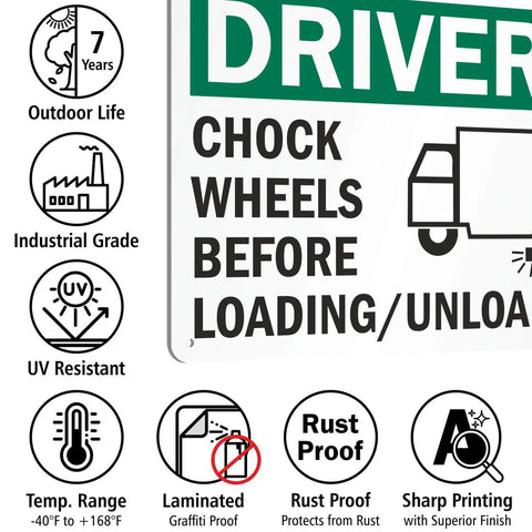 Chock Wheels Before Loading And Unloading Sign For Drivers, 10 By 14 Inch Aluminum, heavy duty, UV resistant, rustproof with icons