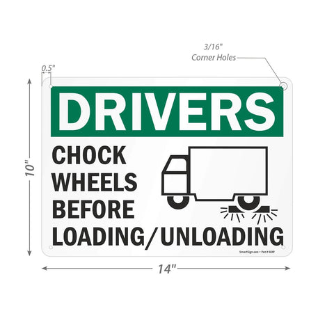 Chock Wheels Before Loading And Unloading Sign For Drivers, 10 By 14 Inch Aluminum, Heavy Duty Rustproof Outdoor Safety Sign With Four Corner Holes