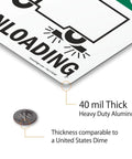 Close-up of Chock Wheels Before Loading And Unloading Sign For Drivers, 10 by 14 inch aluminum, showing thickness compared to a dime.