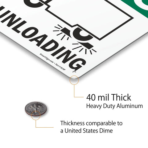 Close-up of Chock Wheels Before Loading And Unloading Sign For Drivers, 10 by 14 inch aluminum, showing thickness compared to a dime.