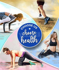 Collage showing various exercise positions with text highlighting core strength, balance, flexibility, and health benefits for runners.