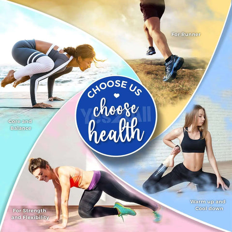 Collage showing various exercise positions with text highlighting core strength, balance, flexibility, and health benefits for runners.