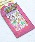 Christmas card with cartoon pets in a pink frame, showcasing 2 Sets Slider Tag Dies For Metal Cutting And Card Making For Round Tag Dies.