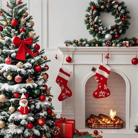 Decorated Christmas tree with red bows and ornaments, snow-topped mantel with stockings and a wreath, fireplace with glowing logs