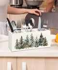 Christmas Tree Wooden Utensils Holder on kitchen countertop with reindeer and winter forest design, organizing utensils