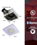 ChromaComfort Bluetooth Bathroom Exhaust Fan With 110 CFM One Point Five Sones 24 Color LED Light And Built In Speaker SPK110RGBL diagram and installed view