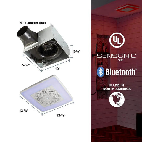 ChromaComfort Bluetooth Bathroom Exhaust Fan With 110 CFM One Point Five Sones 24 Color LED Light And Built In Speaker SPK110RGBL diagram and installed view