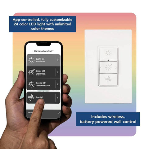 ChromaComfort Bluetooth Bathroom Exhaust Fan With 110 CFM One Point Five Sones 24 Color LED Light And Built In Speaker SPK110RGBL Wall Switch shown with smartphone app control.