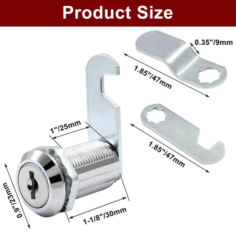 Cam Lock Set For Cabinets With Keyed Alike One And One Eighth Inch Cylinder For File Cabinets Lockers Mailboxes Drawers And Tool Boxes Made From Chrome Plated Zinc Alloy Corrosion Resistant And Durable Security shown with dimensions