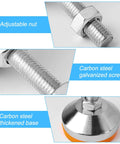 Close-up of adjustable nut, carbon steel galvanized screw, and thickened base of Heavy Duty Adjustable Chrome Plated Furniture Leveling Feet Set Of 4 With M12 Thread And 2.28 Inch Base Diameter Anti Skid Rubber Feet Swivel Levelers For Furniture Tables Workbenches And Machinery.
