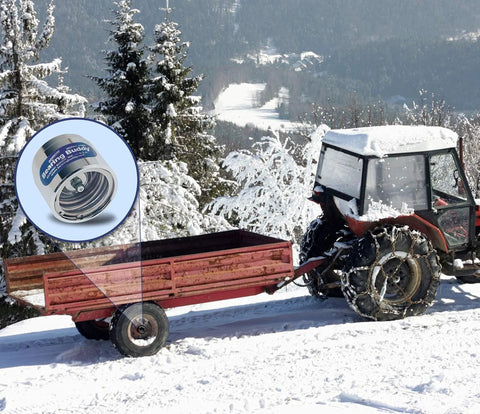 USA Made Chrome Plated Bearing Protector With 19B Bra And Blue Grease Indicator Bearing Buddy For Boats RVs, snowy trailer scene