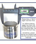 Chrome Plated Bearing Protector With Blue Grease Indicator and 1.980 inch hub diameter measurement tool shown.