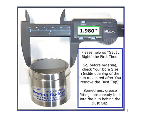 Chrome Plated Bearing Protector With Blue Grease Indicator and 1.980 inch hub diameter measurement tool shown.