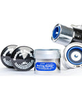 USA Made Chrome Plated Bearing Protector With 23B Bra And Blue Grease Indicator For 2.441 Inch Hubs, front view with components