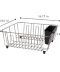 Small Dish Drainer Rack - Chrome/Black - 14 x 12.5 x 5.5 inches, shown in side view with dimensions, ideal for compact kitchens