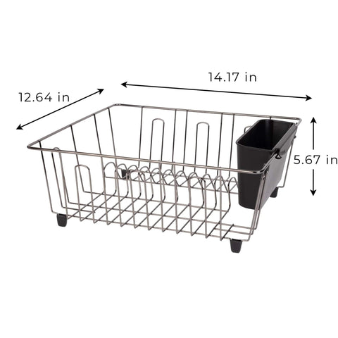 Small Dish Drainer Rack - Chrome/Black - 14 x 12.5 x 5.5 inches, shown in side view with dimensions, ideal for compact kitchens
