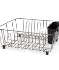 Small Dish Drainer Rack - Chrome/Black - 14 x 12.5 x 5.5 inches with utensil holder, ideal for compact kitchens, front view.