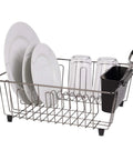 Small Dish Drainer Rack - Chrome/Black - 14 x 12.5 x 5.5 inches with plates, cups, and cutlery on a kitchen counter.