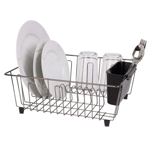 Small Dish Drainer Rack - Chrome/Black - 14 x 12.5 x 5.5 inches with plates, cups, and cutlery on a kitchen counter.