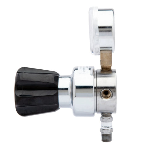 Side view of Lab Grade High Purity Chrome Plated Brass Gas Regulator For Nitrogen Helium Argon Carbon Dioxide Hydrogen Oxygen 0 To 250 PSI Two Stage