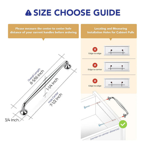 Size guide for Set Of 5 Polished Chrome 7.5 Inch Cabinet Handles Solid Zinc Alloy Drawer Pulls with installation measurements.