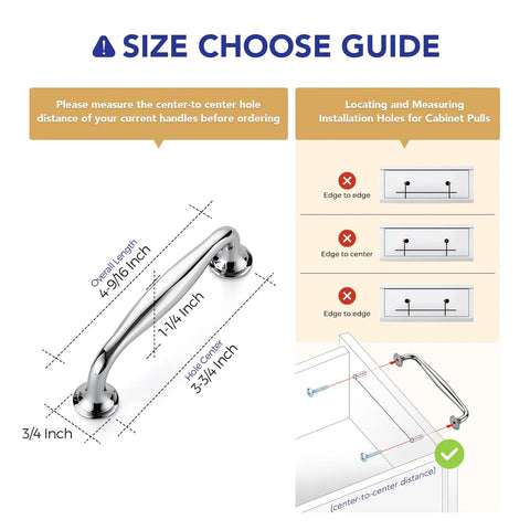 Size guide for 20 Pack 3-3/4 Inch Polished Chrome Cabinet Handles showing dimensions and mounting instructions on a cupboard.