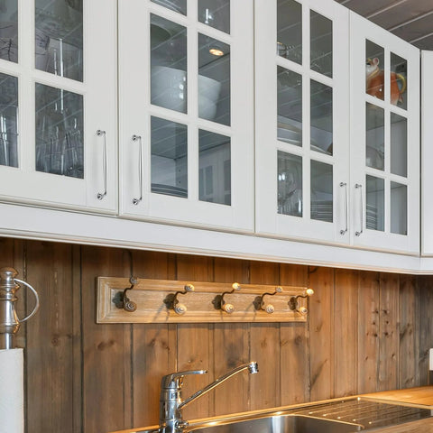 Kitchen cabinets with set of 5 polished chrome 7.5 inch cabinet handles solid zinc alloy drawer pulls installed, contemporary design.