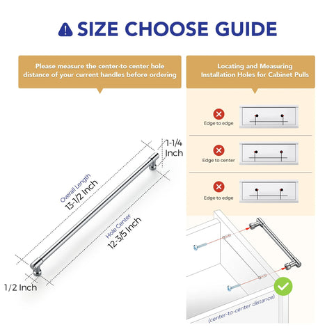 Size guide for 20 Pack Solid Chrome Cabinet Drawer Pulls with 13-1/2 Inch Total Length, showing measurements and installation tips.