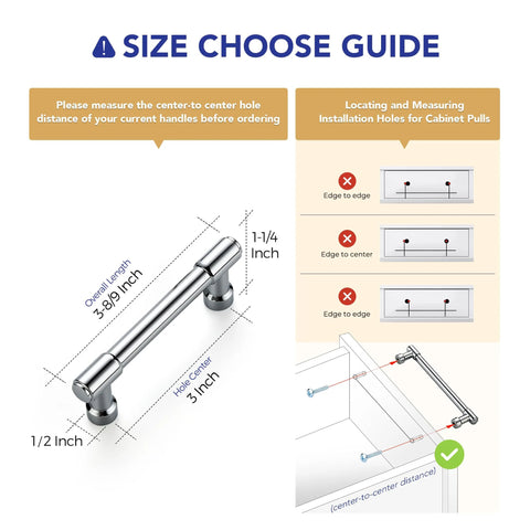 Installation guide for 20 Pack 3 Inch Hole Center Solid Kitchen Cabinet Handles In Polished Chrome with measurements and tips.