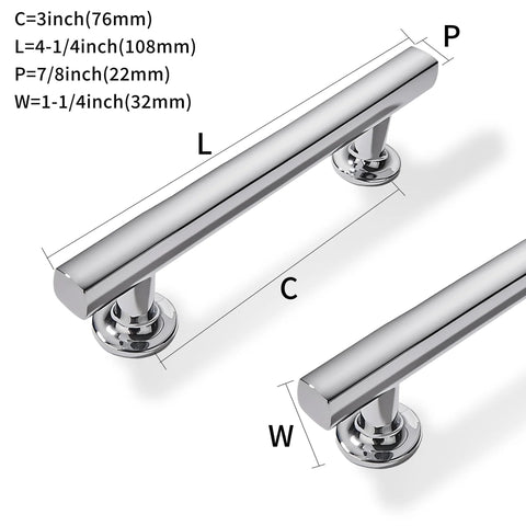 Polished Chrome Cabinet Pulls Set Of 2, 3 Inch Hole Center Square Handles For Kitchen Cabinets And Drawers, dimensions labeled