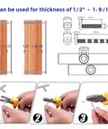 Diagram showing 20 Pack Solid Chrome Cabinet Drawer Pulls installation dimensions and steps, fits thickness of 1/2 to 1-9/16 inches.
