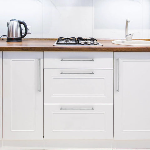 White kitchen cabinets with 20 Pack Solid Chrome Cabinet Drawer Pulls For Kitchen Cupboards, 13-1/2 Inch Total Length handles visible.