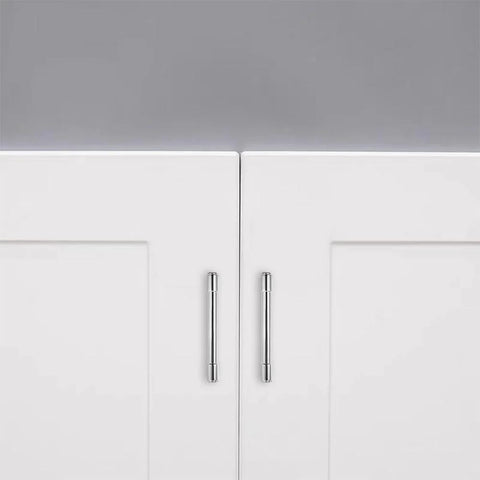 Solid Heavy Duty Jasper Cabinet Pulls Set 10 Pack Polished Chrome 5 Inch Center to Center Kitchen Cupboard Drawer Handles installed on white cabinets