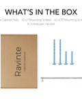 Packaging of 20 Pack Solid Chrome Cabinet Drawer Pulls with screws and box labeled Ravinte
