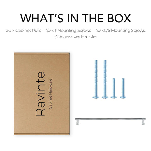 Packaging of 20 Pack Solid Chrome Cabinet Drawer Pulls with screws and box labeled Ravinte