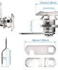 Two Pack 5/8 Inch Thumb Operated Offset Cam Locks Chrome Non Locking Cabinet Latch Keyless Twist Replacement Lock for Mailbox Drawer RV Compartment Door, showing dimensions and side view of components.
