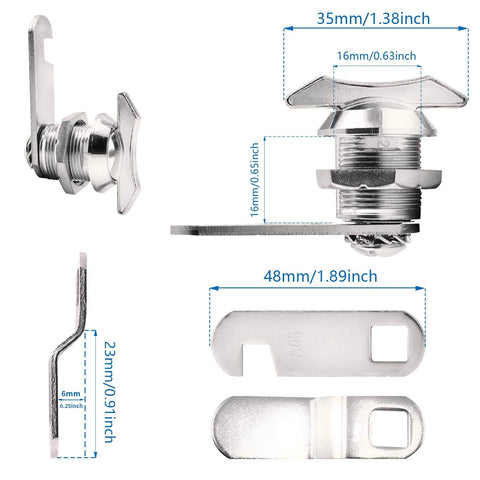 Two Pack 5/8 Inch Thumb Operated Offset Cam Locks Chrome Non Locking Cabinet Latch Keyless Twist Replacement Lock for Mailbox Drawer RV Compartment Door, showing dimensions and side view of components.