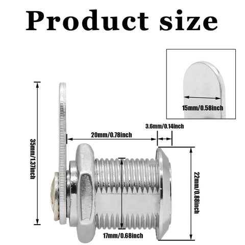 Side view of six durable zinc alloy cam lock with 3/4 inch threads detailing size dimensions for cabinets and drawers security.