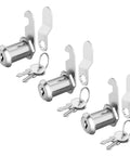 Three Pack Keyed Alike Cam Lock Set with 1-1/8 inch cylinders, forged from chrome plated zinc alloy for waterproof, rust resistant durability.