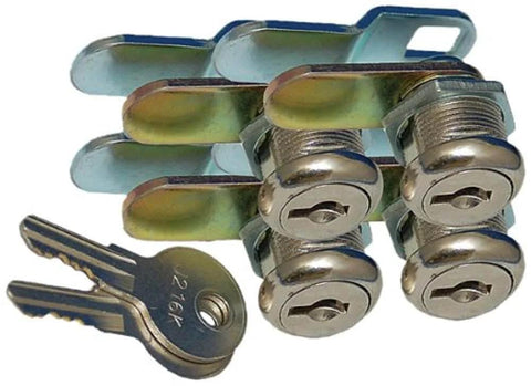 Keyed cam locks for baggage compartments, chrome plated with round face, pack of 4 with two keys each shown side by side.