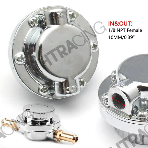 Street Ready Fuel Pressure Regulator With Gauge For Carburetor Universal Fit, Adjustable 1 to 5 PSI, Chrome Plated Zinc Alloy, Close-up