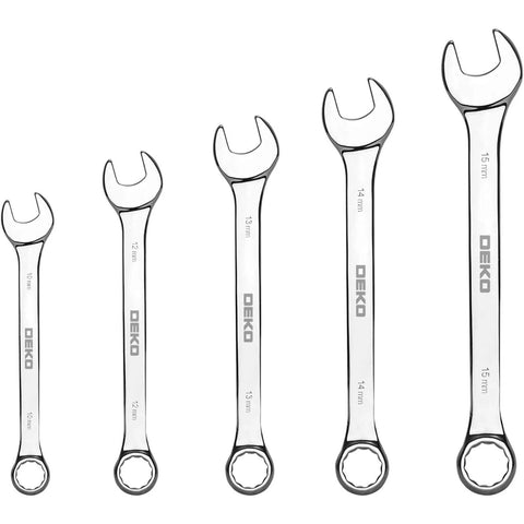 Set of 5 chrome wrenches in varying sizes, part of the 158 Piece Home Tool Kit With Plastic Storage Case, DIY Essential Repair Set for Household Projects.