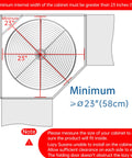 Diagram showing dimensions for Chrome Corner Lazy Susan for Upper Cabinets, full circle rack, fits cabinets over 23 inches, minimum 23 inches.