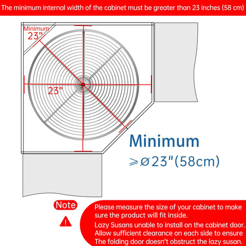 Diagram showing dimensions for Chrome Corner Lazy Susan for Upper Cabinets, full circle rack, fits cabinets over 23 inches, minimum 23 inches.