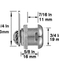 Side view of Keyed Alike Five Eighth Inch Cylinder Cam Locks Set for Cabinets Tool Boxes RV Compartments Mailboxes in chrome finish.
