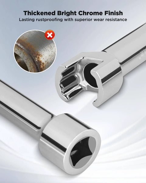 Close-up of durable 1/2 in drive impact socket with a 5 in extension for deep strut channels, showing crack-resistant chrome finish.