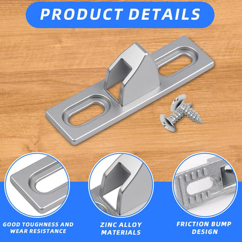 Chrome Plated Sliding Glass Door Keeper Set With Mounting Screws Adjustable Vertical Screw Slots And Latch Hardware For Easy Replacement On Various Sliding Patio Doors Durable Chrome Finish Easy Install And Secure Fit For Various Sliding Patio Doors shown with screws and friction bump design.