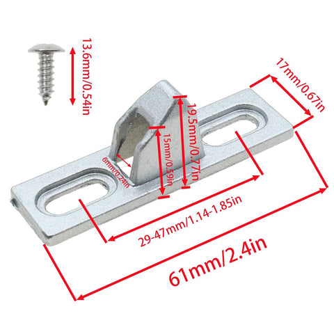 2 Pack Sliding Door Keeper and Lock Latch Set with Screws, Chrome Plated Zinc Alloy Hardware, detailed view with measurements