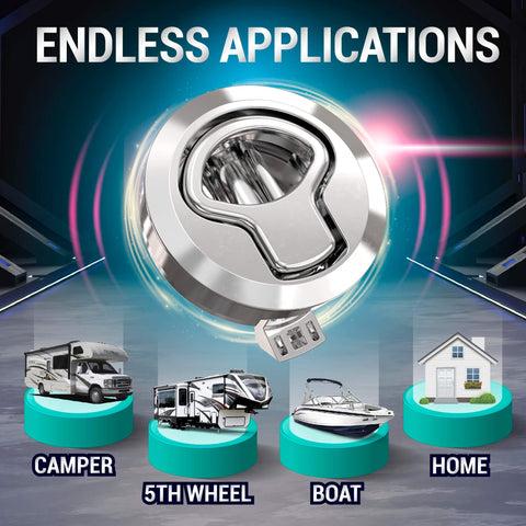Durable chrome hatch latches, a 2 pack flush mount slam latch set for RVs and boats, shown with applications for camper, boat, and home